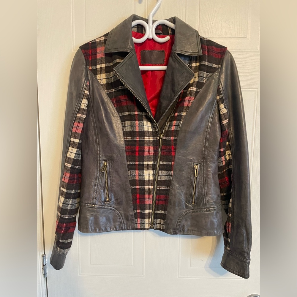 Betty Barclay Size 4 Leather & Plaid Wool Moto Jacket Mixed Media European - Picture 2 of 16